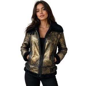 Avec Les Filles Metallic Foil Faux Shearling Jacket Black/Gold Size XS $239
